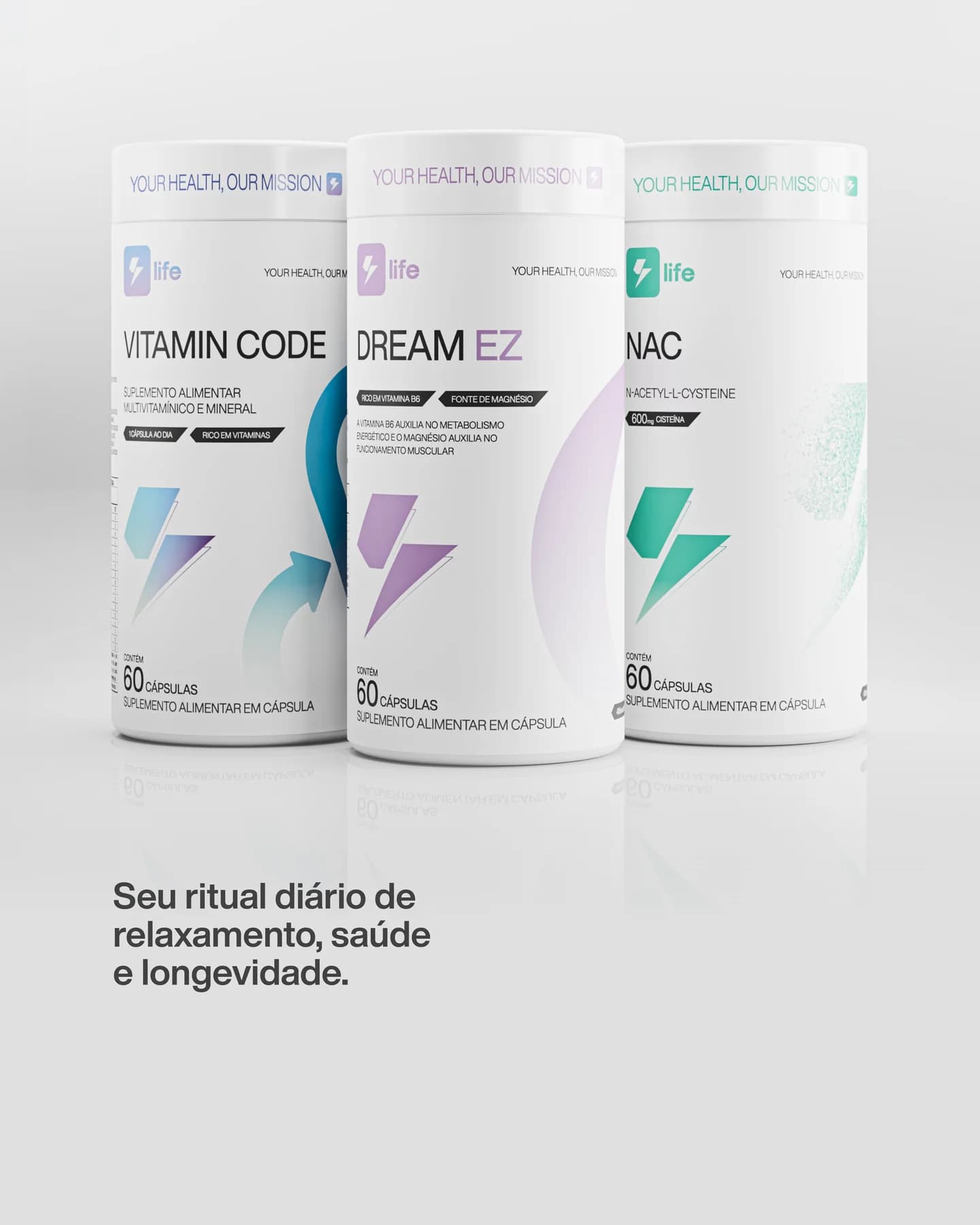 Três potes 4Life lado a lado — Vitamin Code, Dream EZ e NAC. Seu ritual diário de relaxamento, saúde e longevidade.