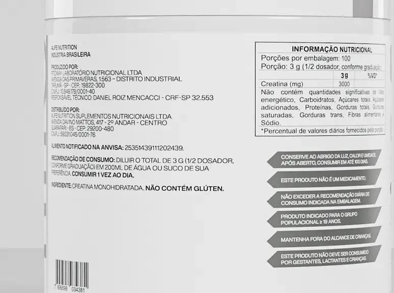 Verso do pote de Crealife: modo de uso e ingredientes