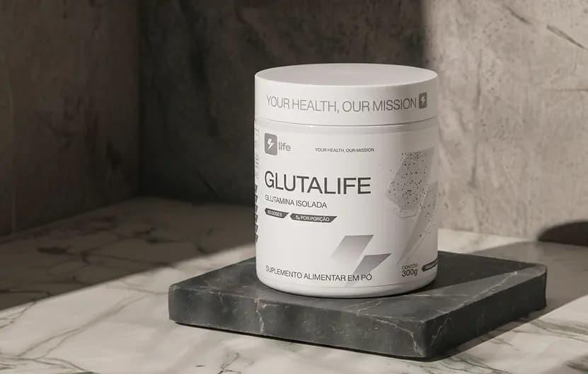 Pote de Glutalife sobre uma bandeja de mármore escuro