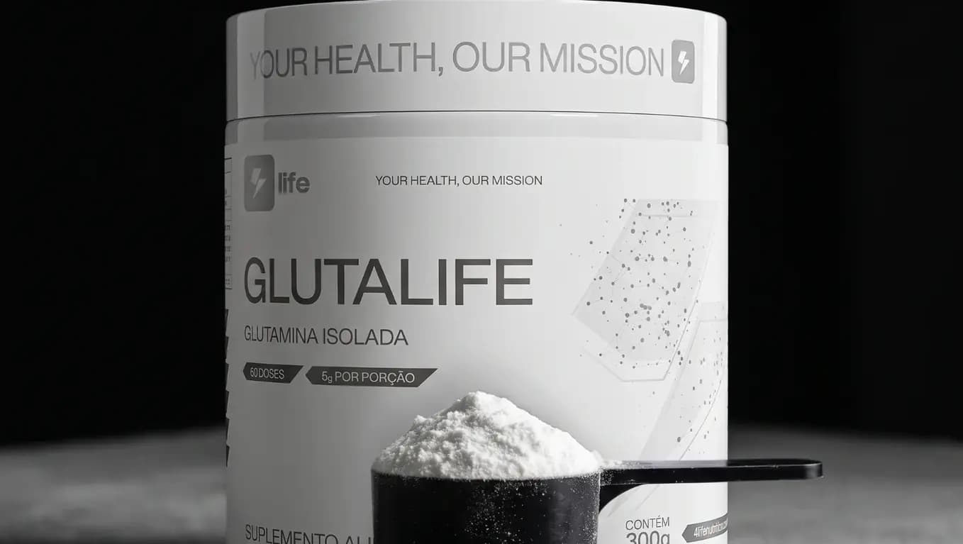Dosador com a glutamina em pó, ao lado do pote de Glutalife