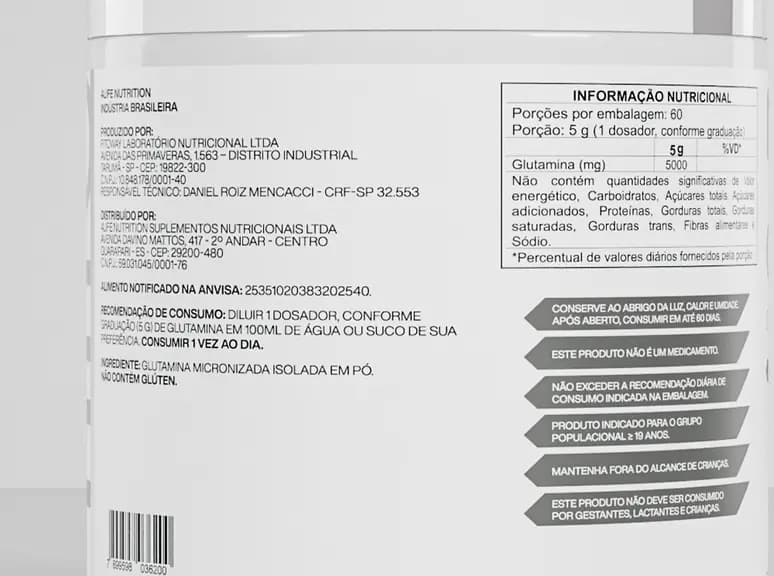 Verso do pote de Glutalife: modo de uso e ingredientes