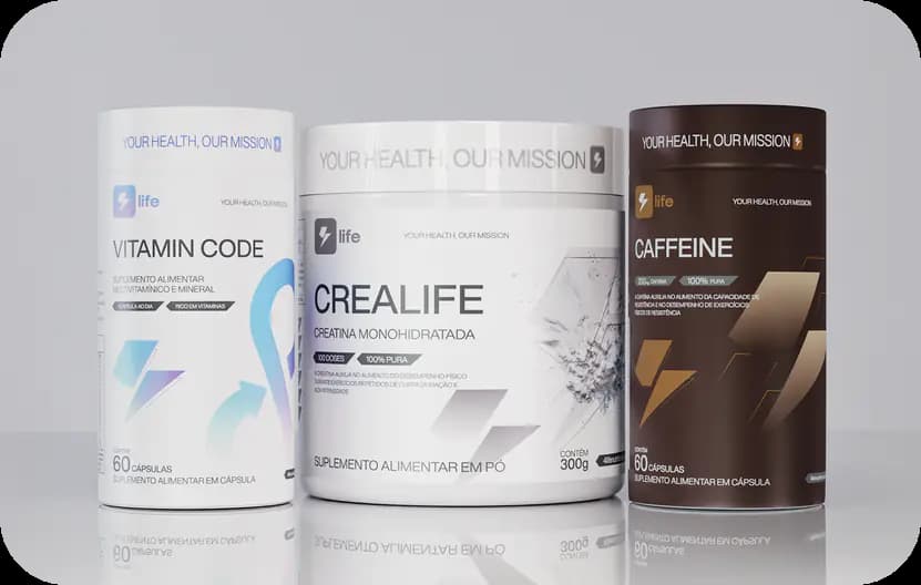 Frascos de Vitamin Code, Crealife e Caffeine lado a lado