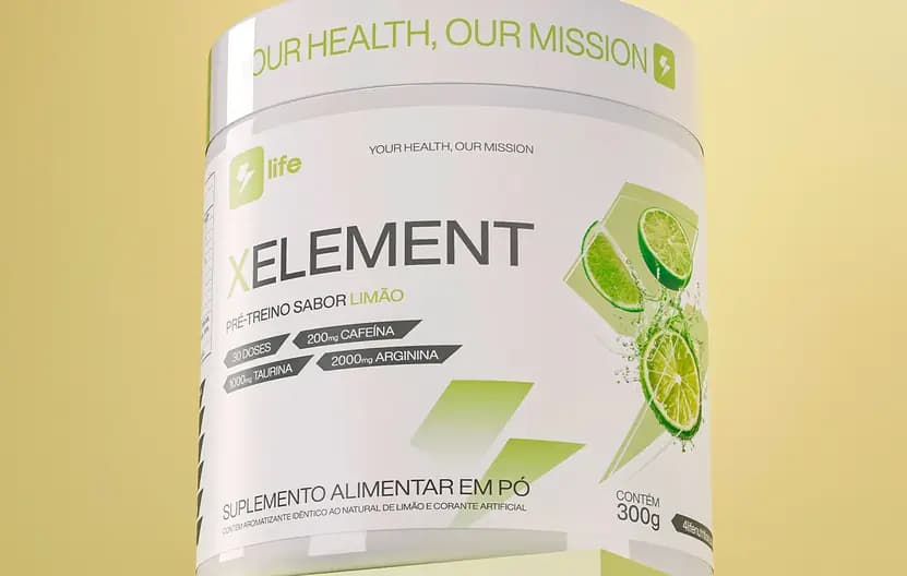 Pote de Xelement sabor limão sobre um pedestal amarelo