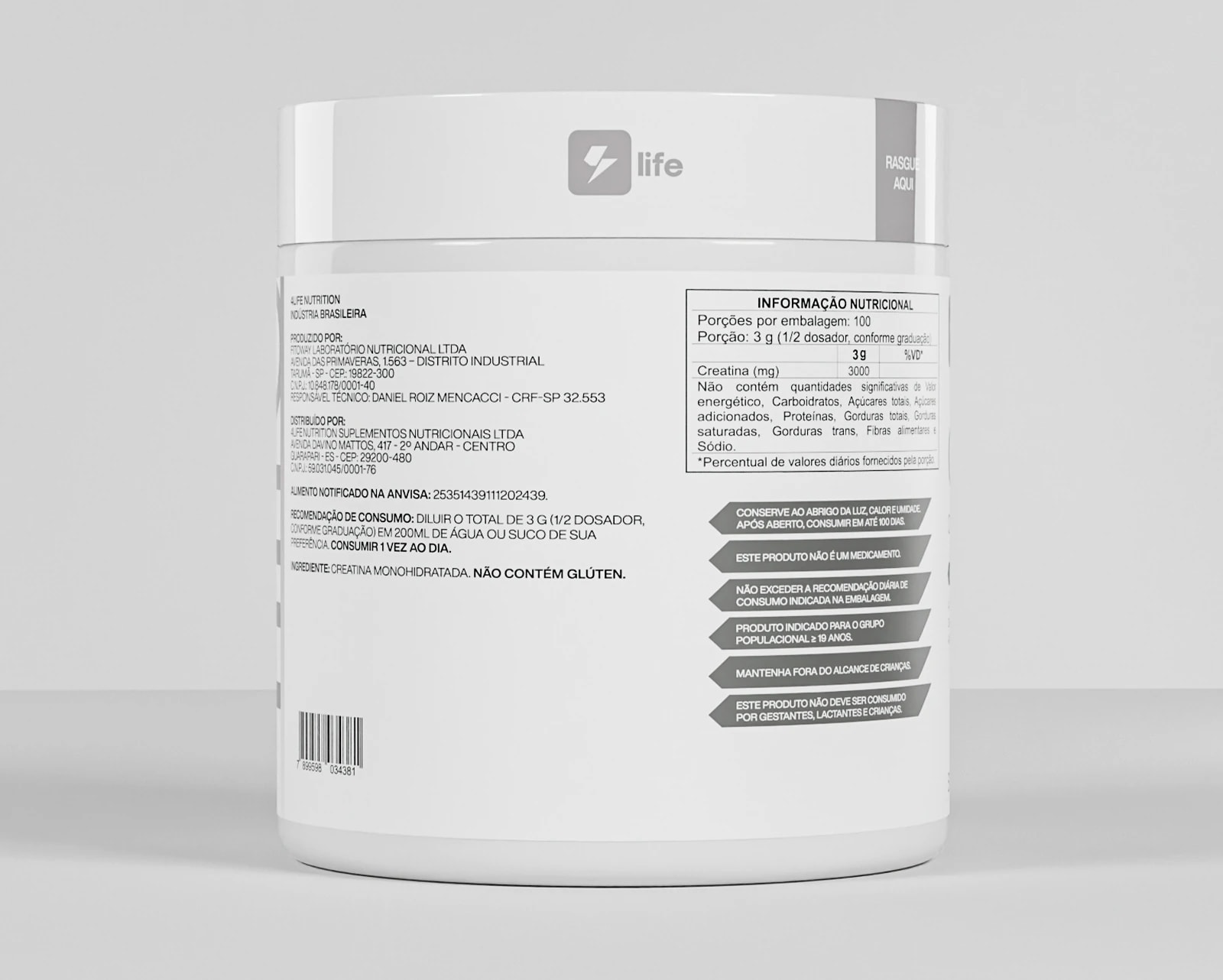 Verso do pote de Crealife, com a tabela nutricional e as advertências