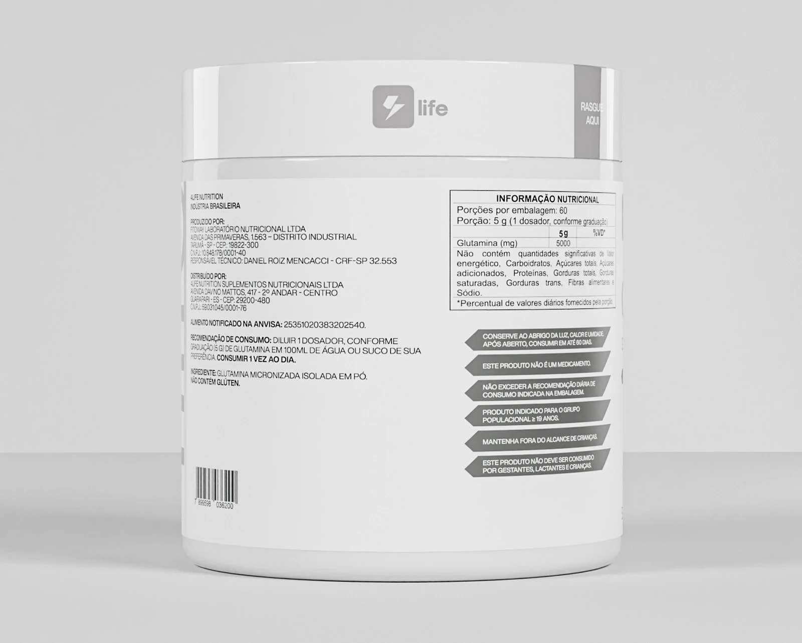 Verso do pote de Glutalife, com a tabela nutricional e as advertências
