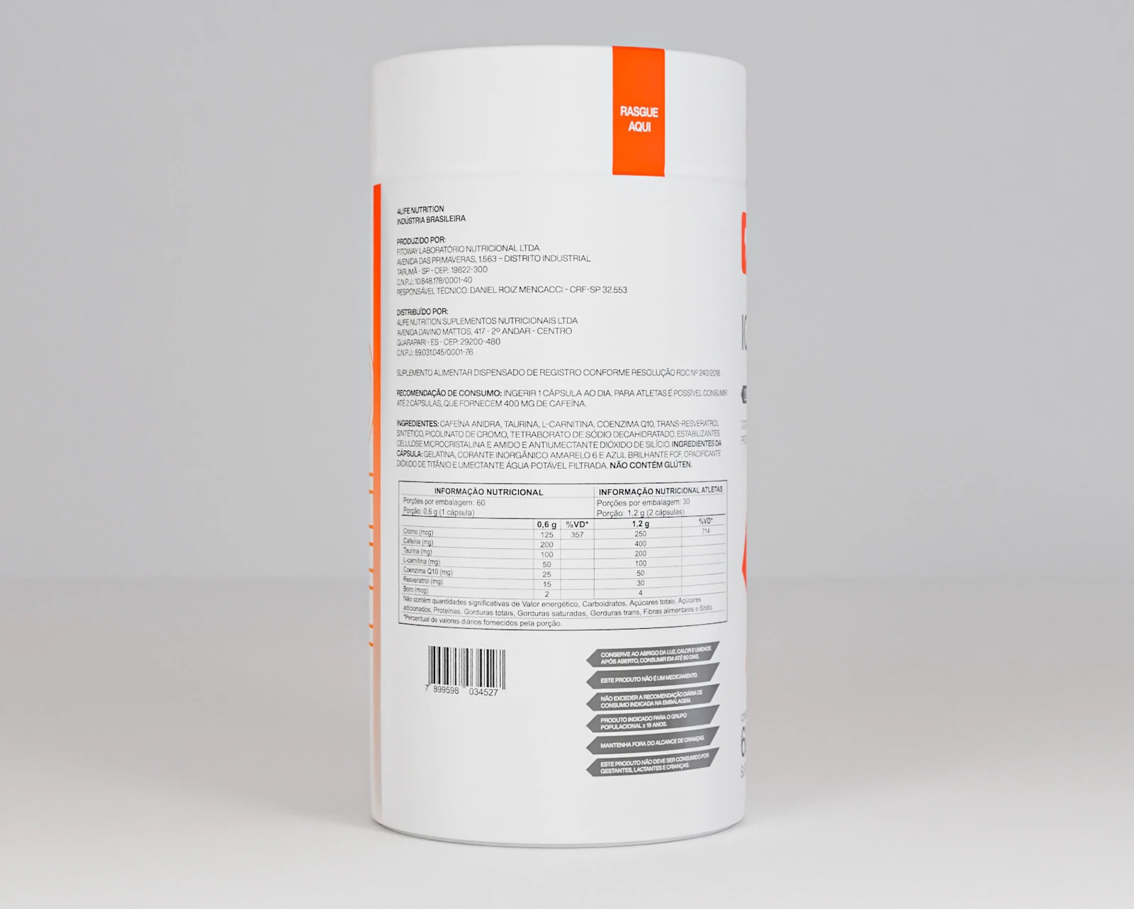 Verso do frasco de Ignite, com a tabela nutricional e as advertências