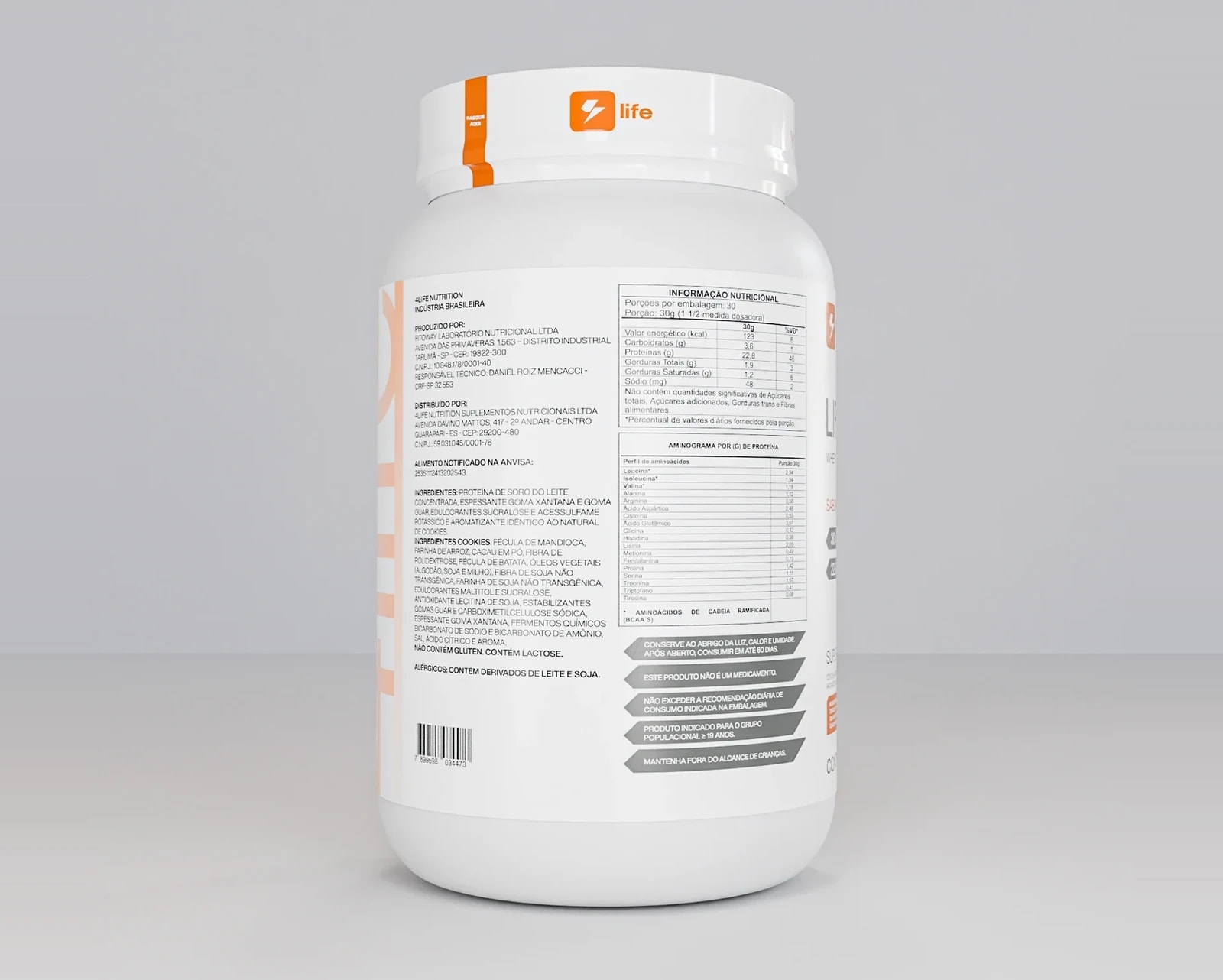 Verso do pote de Lifewhey sabor cookies, com a tabela nutricional e o aminograma