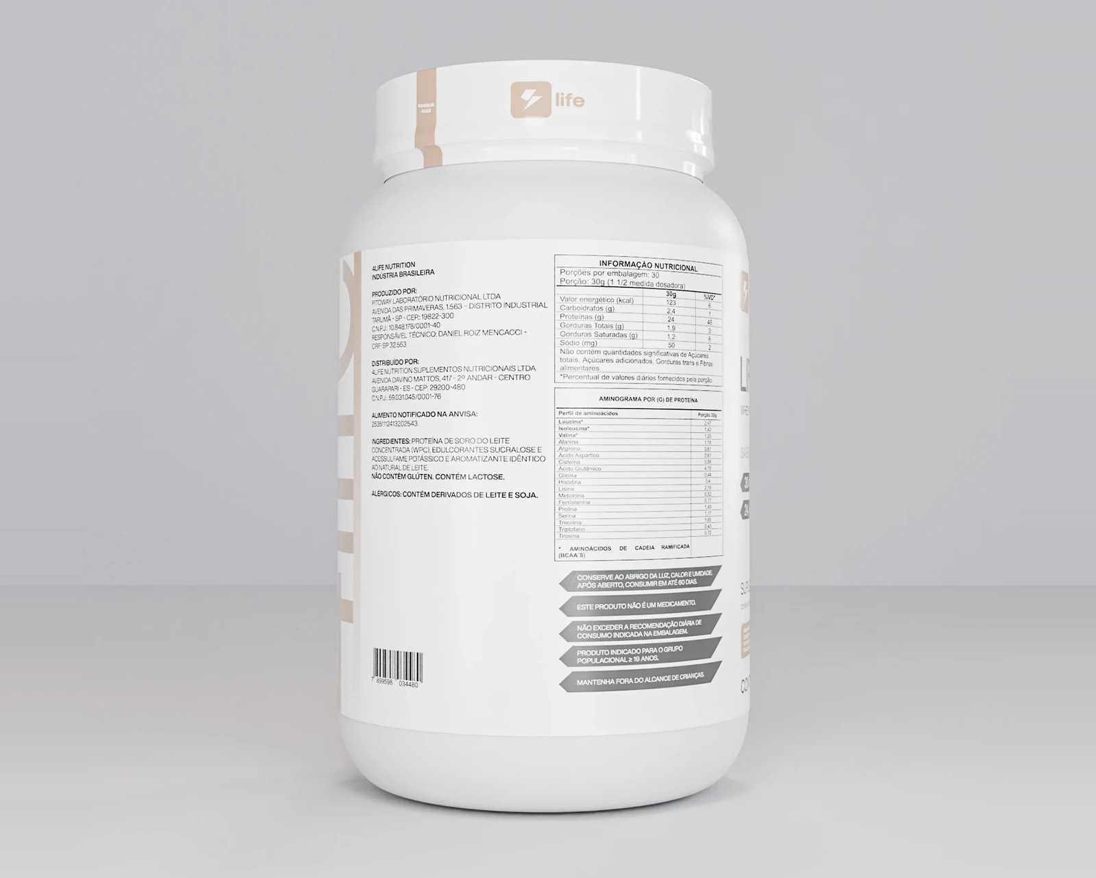 Verso do pote de Lifewhey sabor leite, com a tabela nutricional e o aminograma