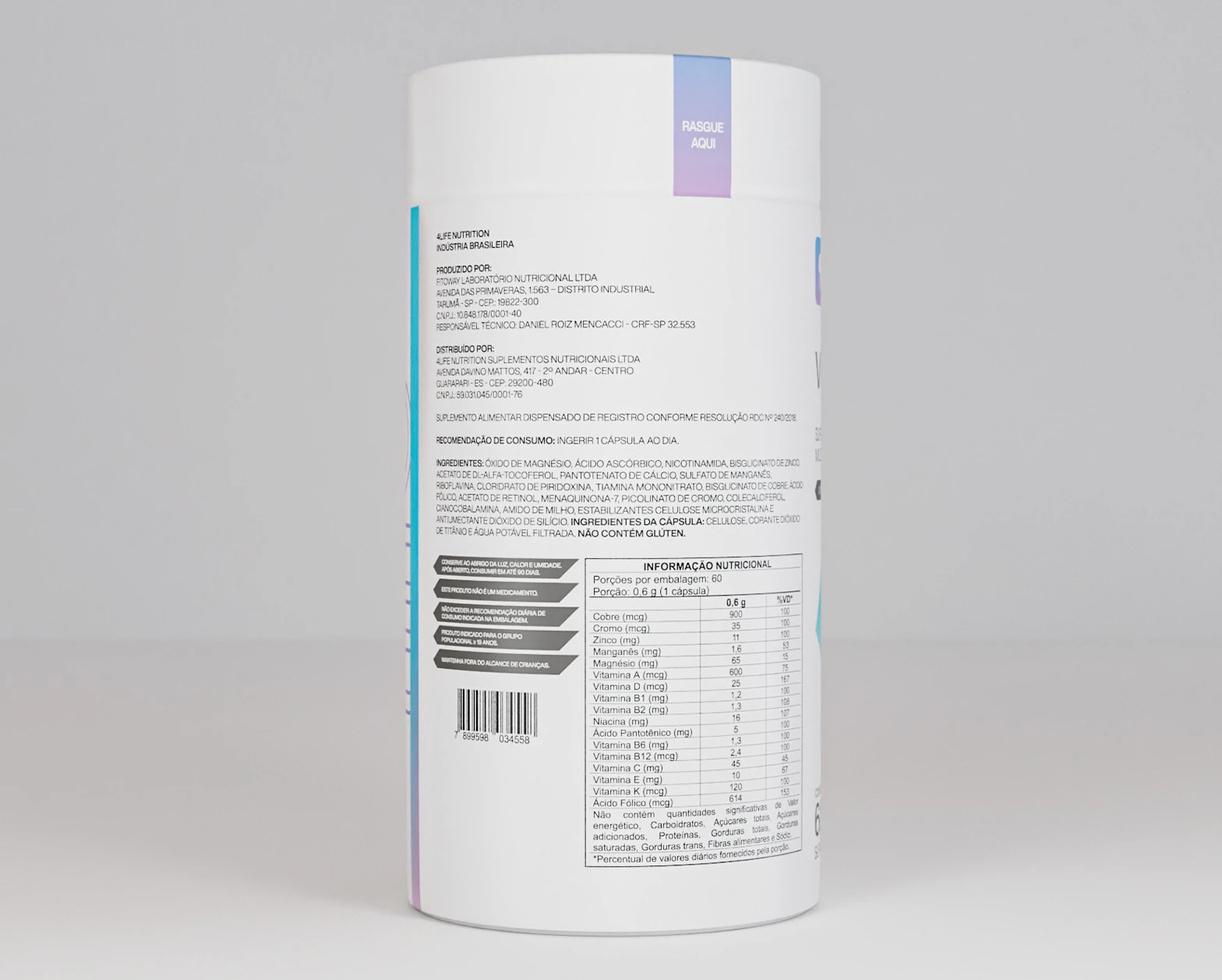 Verso do frasco de Vitamin Code, com a tabela nutricional e as advertências