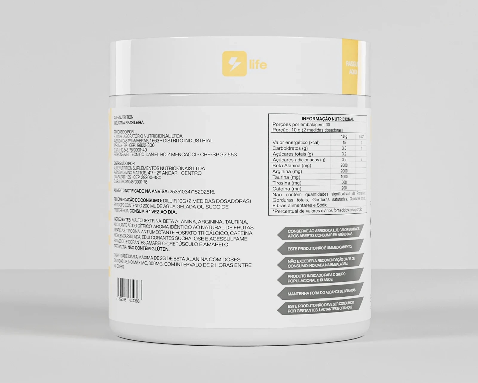 Verso do pote de Xelement sabor frutas amarelas, com a tabela nutricional e as advertências