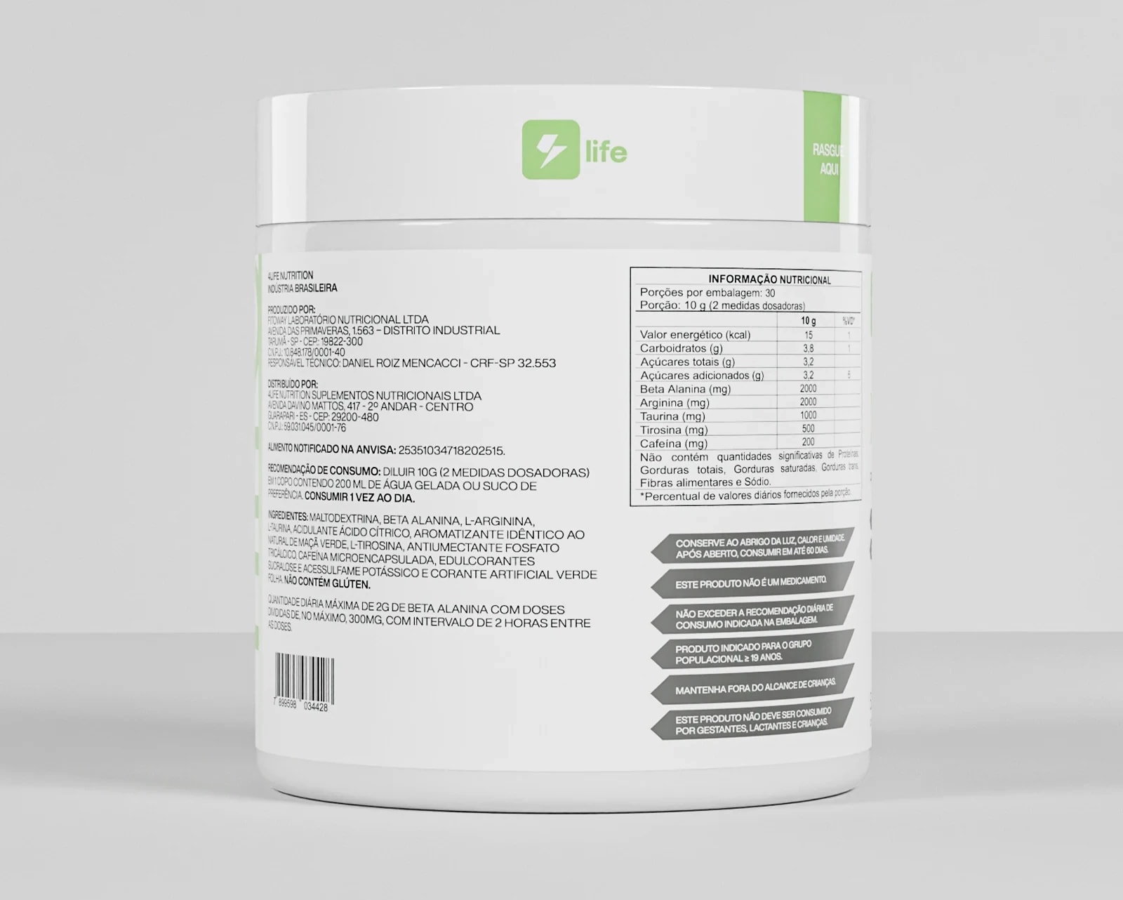 Verso do pote de Xelement sabor maçã verde, com a tabela nutricional e as advertências
